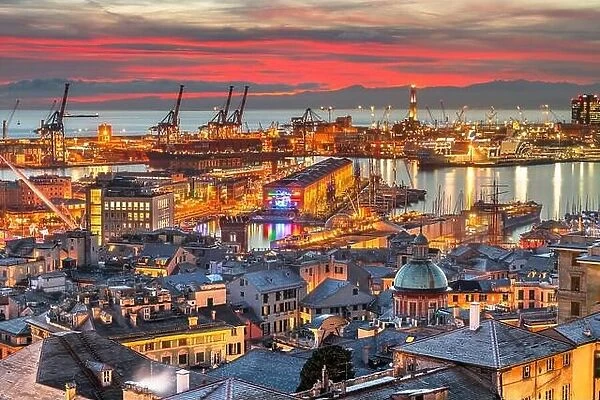 Genova, Italy downtown skyline on the port at dusk