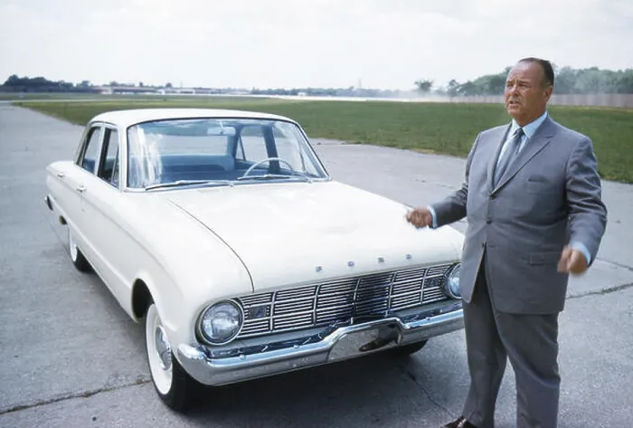 Framed Print : George W. Walker, automotive designer, with a 1960 Ford Falcon