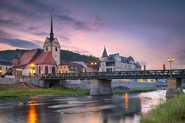 Gera, Germany. Cityscape image of old town Gera, Thuringia, Germany with St. Mary's Church and Untermhaus Bridge over White Elster River at sunset