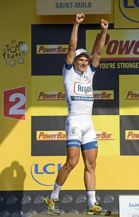 Framed Print : German Marcel Kittel of team Argos-Shimano celebrates on the podium after he won the tenth stage of the Tour de France Framed Print : German Marcel Kittel of team Argos-Shimano celebrates on the podium after he won the tenth stage of the Tour de France