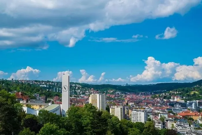 Framed Print : Germany, Aerial panorama view above stuttgart city houses and church, the skyline of the big city Framed Print : Germany, Aerial panorama view above stuttgart city houses and church, the skyline of the big city