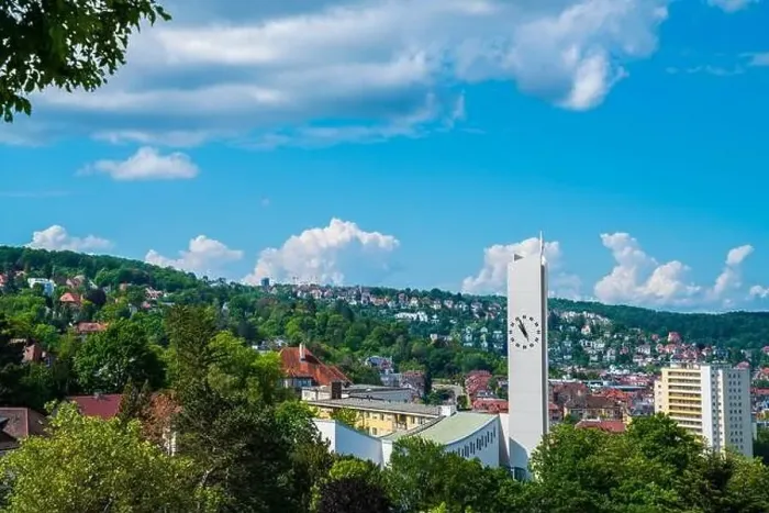 Framed Print : Germany, Aerial panorama view above stuttgart city houses and church steeple