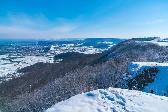 Framed Print : Germany, Aerial panorama view from swabian jura mountains in winter wonderland scene covered with snow