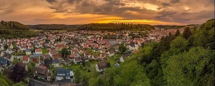 Framed Print : Germany, Albstadt at the Schwaebische Alb skyline of medieval city illuminated by the dawn