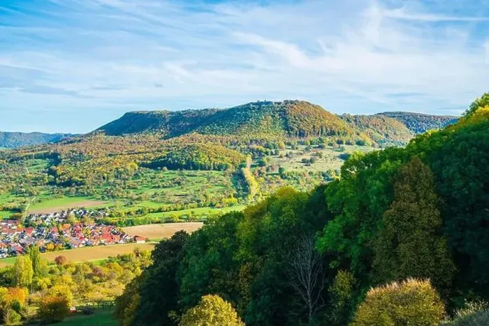 Framed Print : Germany, Panorama aerial drone view breitenstein mountain swabian alb nature landscape near stuttgart sunny day autumn Framed Print : Germany, Panorama aerial drone view breitenstein mountain swabian alb nature landscape near stuttgart sunny day autumn