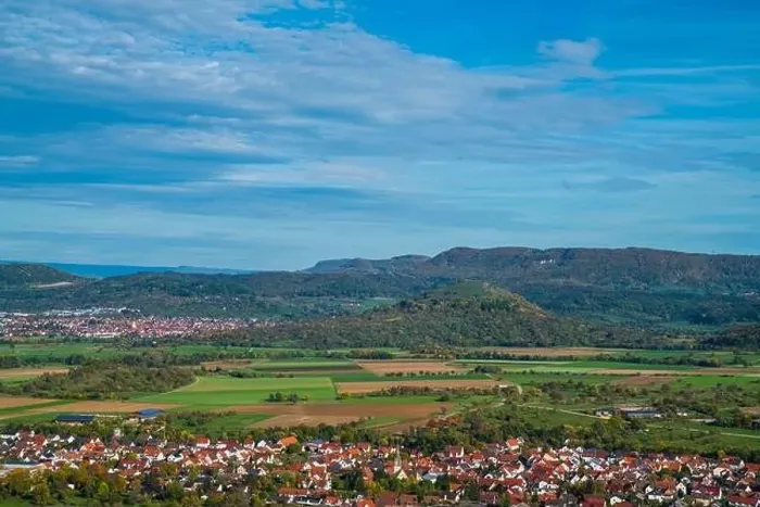 Framed Print : Germany, Panorama aerial drone view limburg mountain kirchheim swabian alb nature landscape near stuttgart sunny day Framed Print : Germany, Panorama aerial drone view limburg mountain kirchheim swabian alb nature landscape near stuttgart sunny day