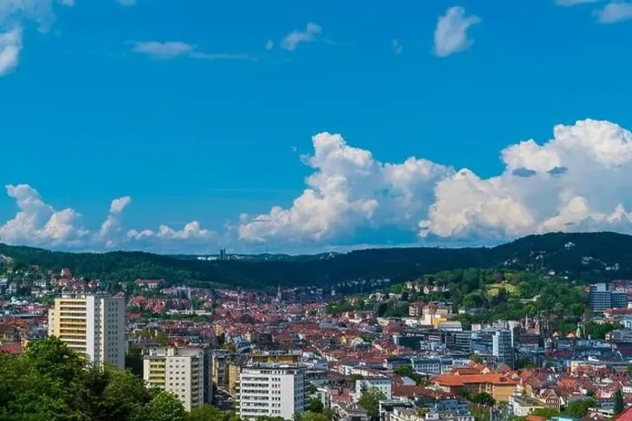 Framed Print : Germany, Panorama view above stuttgart city houses and church steeple Framed Print : Germany, Panorama view above stuttgart city houses and church steeple