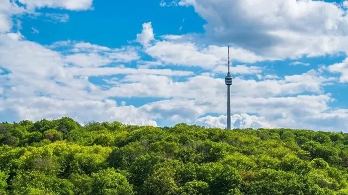Framed Print : Germany, Stuttgart television tower building surrounded by endless green trees of forest on sunny day Framed Print : Germany, Stuttgart television tower building surrounded by endless green trees of forest on sunny day