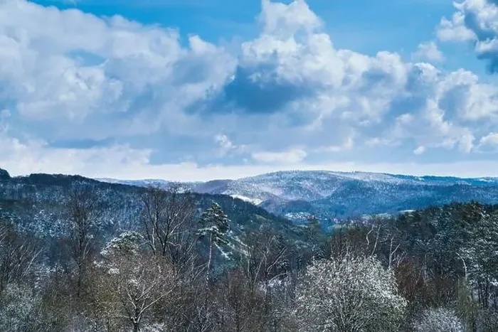 Framed Print : Germany, View above the forest schwaebischer wald above the white snow covered tree tops near rudersberg town houses Framed Print : Germany, View above the forest schwaebischer wald above the white snow covered tree tops near rudersberg town houses