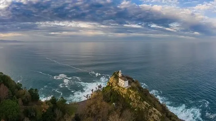 Framed Print : Getaria lighthouse at dusk, Basque country - drone aerial view 16:9 Framed Print : Getaria lighthouse at dusk, Basque country - drone aerial view 16:9