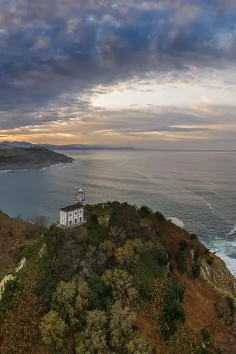 Framed Print : Getaria lighthouse at dusk, Basque country - drone aerial view Framed Print : Getaria lighthouse at dusk, Basque country - drone aerial view