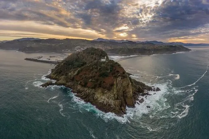 Framed Print : Getaria lighthouse at dusk, Basque country - drone aerial view Framed Print : Getaria lighthouse at dusk, Basque country - drone aerial view