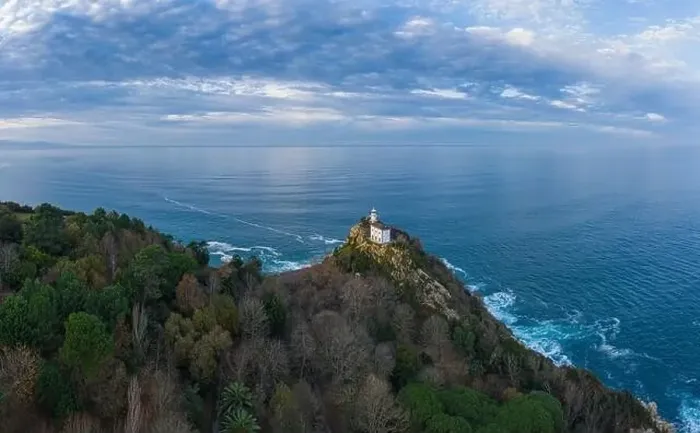 Framed Print : Getaria lighthouse at dusk, Basque country - drone aerial view, Basque Country Framed Print : Getaria lighthouse at dusk, Basque country - drone aerial view, Basque Country