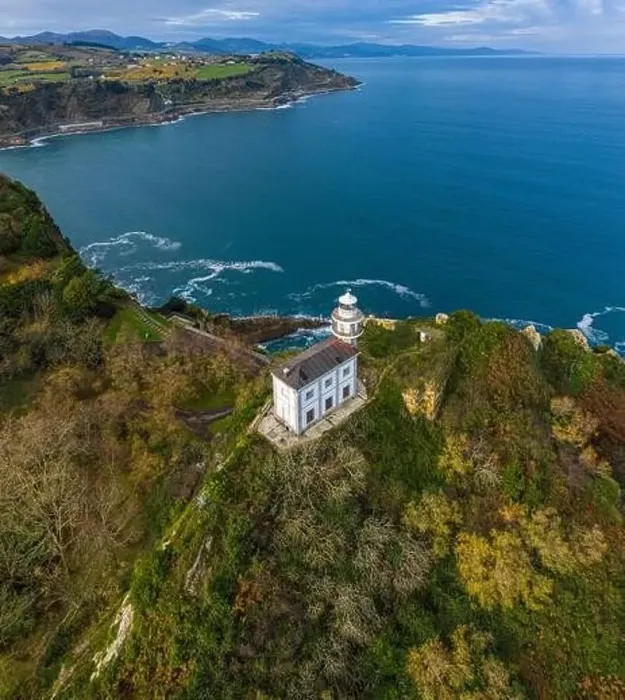 Framed Print : Getaria lighthouse in Gipuzkoa, Basque country - drone aerial view Framed Print : Getaria lighthouse in Gipuzkoa, Basque country - drone aerial view