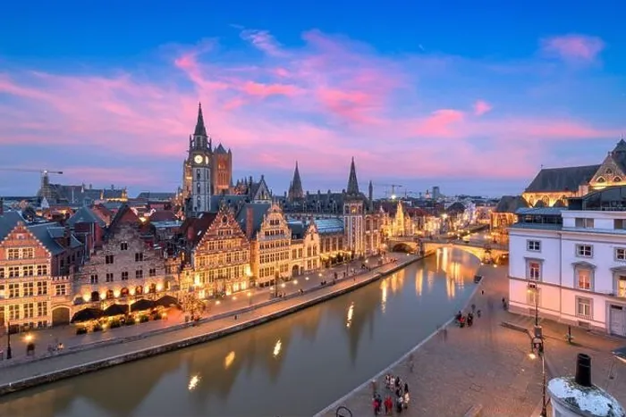 Framed Print : Ghent, Belgium old town cityscape from the Graslei area at dusk Framed Print : Ghent, Belgium old town cityscape from the Graslei area at dusk