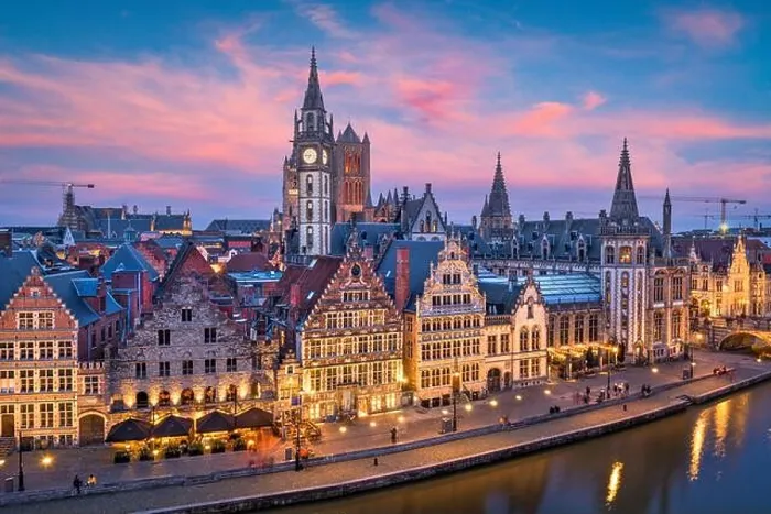 Framed Print : Ghent, Belgium old town cityscape from the Graslei area at dusk