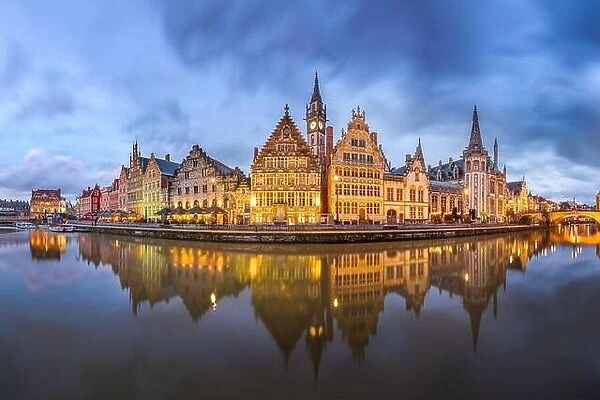 Ghent, Belgium old town cityscape from the Graslei are at dawn