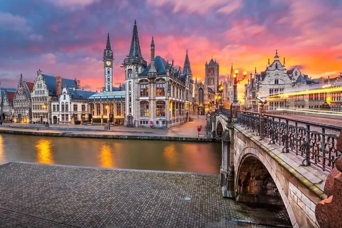 Framed Print : Ghent, Belgium old town cityscape from the Graslei are at dawn Framed Print : Ghent, Belgium old town cityscape from the Graslei are at dawn