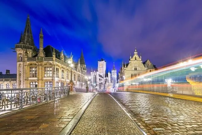 Framed Print : Ghent, Belgium old town cityscape from the Graslei are at dawn