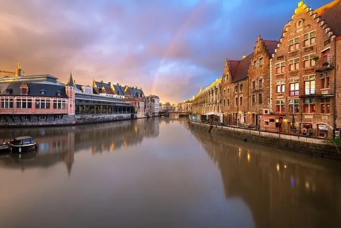 Framed Print : Ghent, Belgium old town cityscape on the Leie River at twilight Framed Print : Ghent, Belgium old town cityscape on the Leie River at twilight