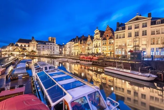 Framed Print : Ghent, Belgium old town cityscape and riverboats from the Graslei at twilight Framed Print : Ghent, Belgium old town cityscape and riverboats from the Graslei at twilight