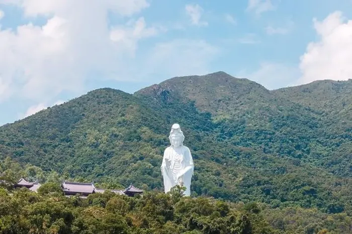 Framed Print : Giant Guanyin, Goddess Statue in countryside landscape of Tai Po, Hong Kong, daytime, clear day Framed Print : Giant Guanyin, Goddess Statue in countryside landscape of Tai Po, Hong Kong, daytime, clear day