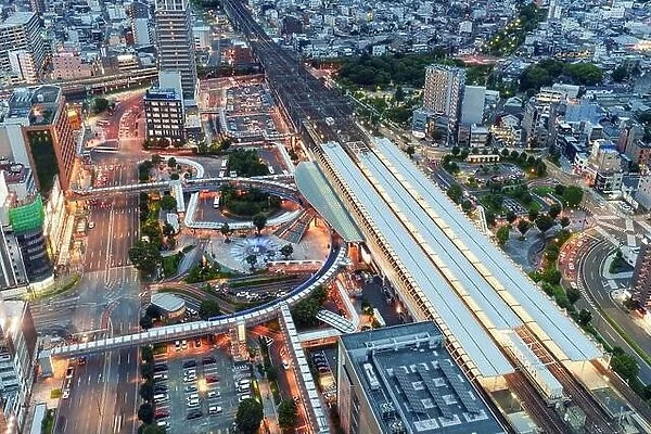 Gifu, Japan cityscape over the station at dusk