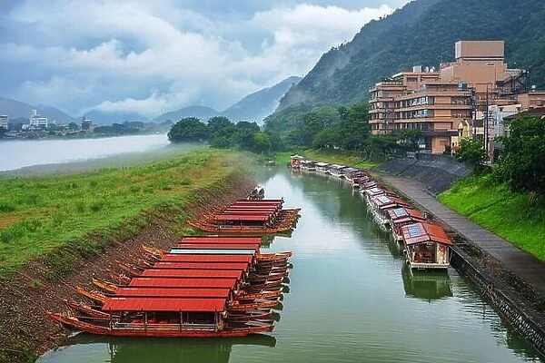 Gifu, Japan with cormorant fishing boats on the Nagara River