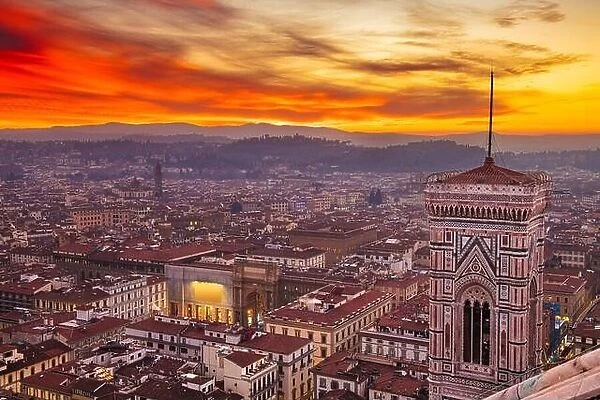 Giottos Bell Tower in Florence, Italy from above at dusk