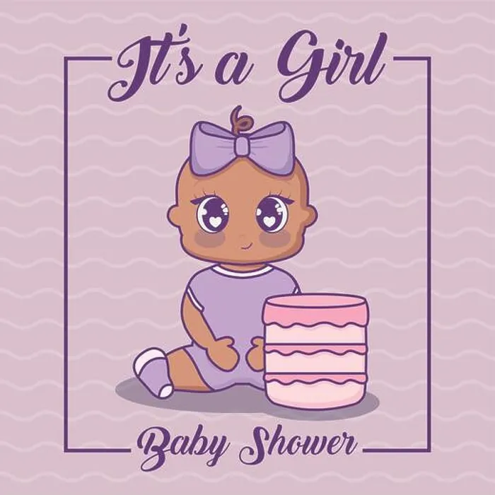 Framed Print : its a girl baby shower concept with cute baby girl and cake icon over purple background, vector illustration