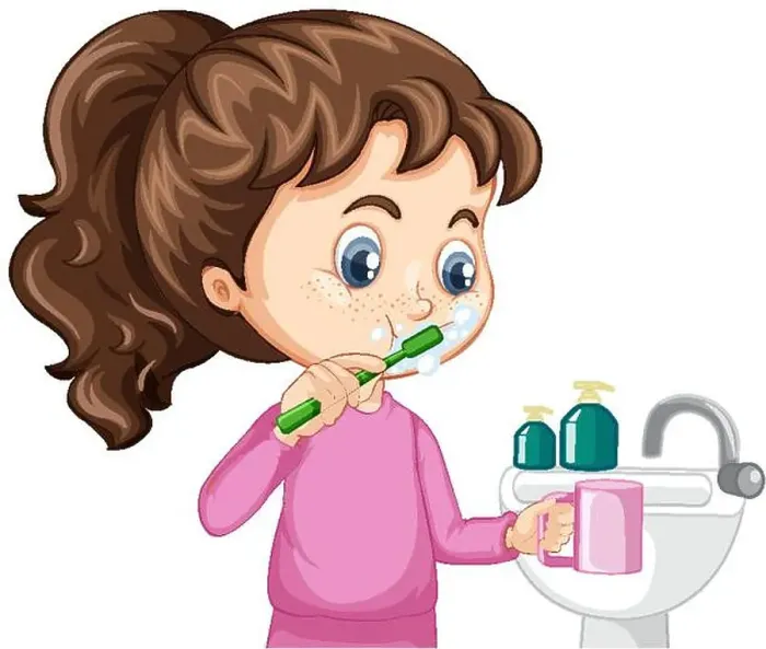 Framed Print : A girl cartoon character brushing teeth with water sink illustration Framed Print : A girl cartoon character brushing teeth with water sink illustration