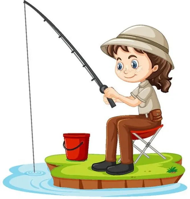Framed Print : A girl cartoon character sitting and fishing on white background Framed Print : A girl cartoon character sitting and fishing on white background