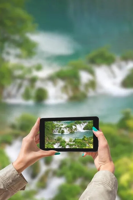 Framed Print : Girl taking pictures on a tablet in Plitvice Lakes National Park in Croatia Framed Print : Girl taking pictures on a tablet in Plitvice Lakes National Park in Croatia