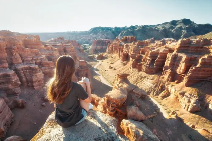 Framed Print : Girl Watching over Charyn Canyon in South East Kazakhstan taken in August 2018 taken in hdr