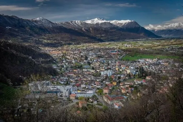 Framed Print : Giubiasco town from castle in Bellinzona town in spring fresh color morning Framed Print : Giubiasco town from castle in Bellinzona town in spring fresh color morning