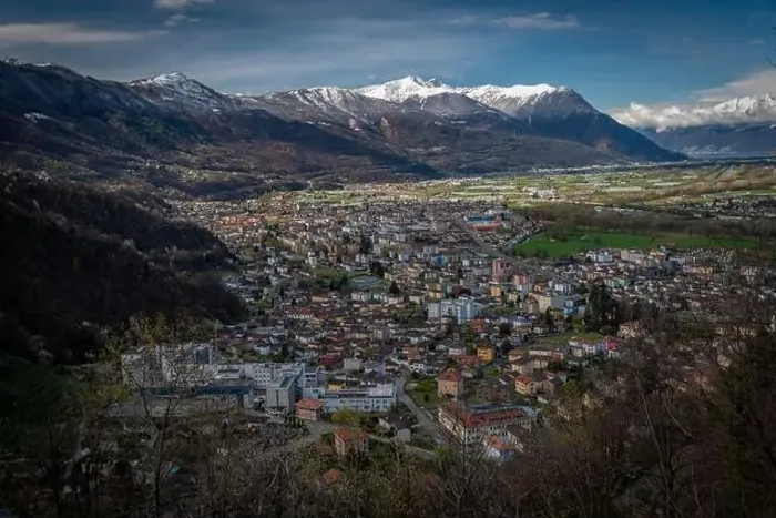 Framed Print : Giubiasco town from castle in Bellinzona town in spring fresh color morning Framed Print : Giubiasco town from castle in Bellinzona town in spring fresh color morning