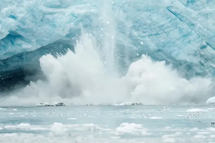 Framed Print : Glacier Calving with Ice Breaking Into Ocean and Water Splashing Framed Print : Glacier Calving with Ice Breaking Into Ocean and Water Splashing