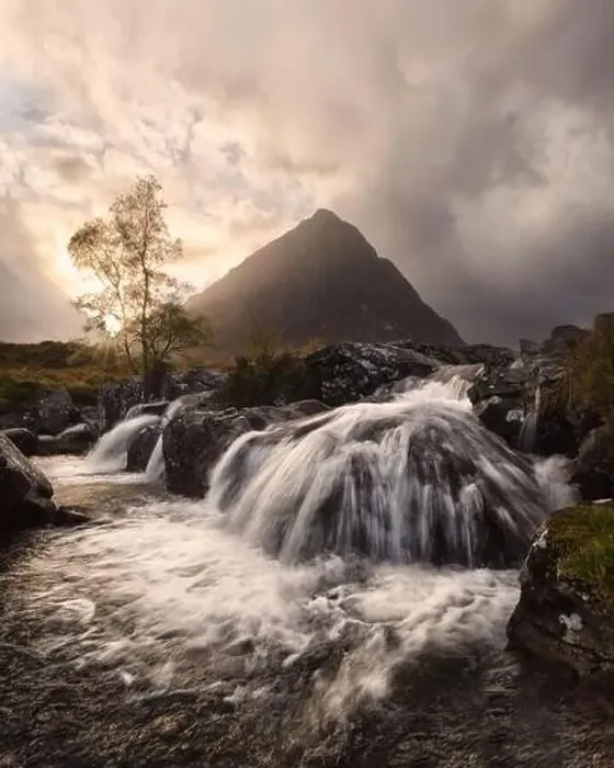 Framed Print : Glencoe valley and waterfall, highland, scotland Framed Print : Glencoe valley and waterfall, highland, scotland