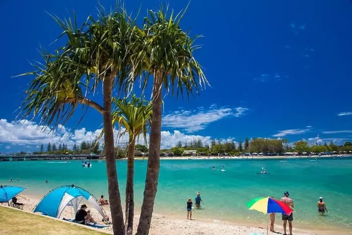 Framed Print : Gold Coast, AUS - JAN 12 2019: People enjoying beach activities at famous family beach at Tallebudgera Creek Gold Coast Framed Print : Gold Coast, AUS - JAN 12 2019: People enjoying beach activities at famous family beach at Tallebudgera Creek Gold Coast