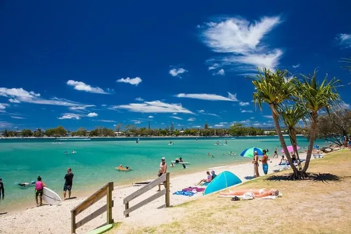 Framed Print : Gold Coast, AUS - JAN 12 2019: People enjoying beach activities at famous family beach at Tallebudgera Creek Gold Coast Framed Print : Gold Coast, AUS - JAN 12 2019: People enjoying beach activities at famous family beach at Tallebudgera Creek Gold Coast