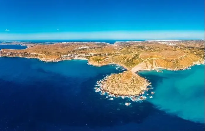Framed Print : Golden Bay azure beach blue water sea, Malta. Concept travel. Aerial photo Framed Print : Golden Bay azure beach blue water sea, Malta. Concept travel. Aerial photo