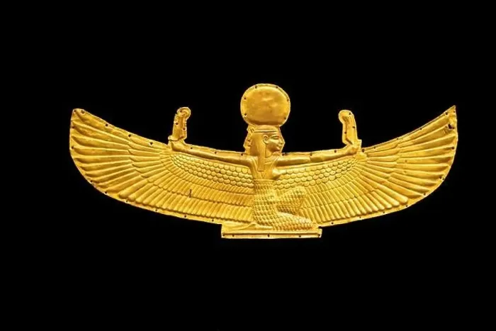 Framed Print : Golden Goddess Isis with outstretched wings, isolated on white background Framed Print : Golden Goddess Isis with outstretched wings, isolated on white background