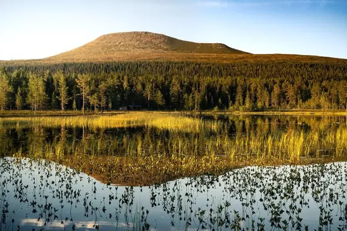 Framed Print : Golden hour, Städjan mountain showcases its symmetrical reflection in the serene lake surrounded by lush greenery Framed Print : Golden hour, Städjan mountain showcases its symmetrical reflection in the serene lake surrounded by lush greenery