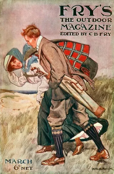 Framed Print : Golf, Frys Magazine, 1907, The Edwardian sports magazine cover shows a golfer on the windy links with his lady friend Framed Print : Golf, Frys Magazine, 1907, The Edwardian sports magazine cover shows a golfer on the windy links with his lady friend