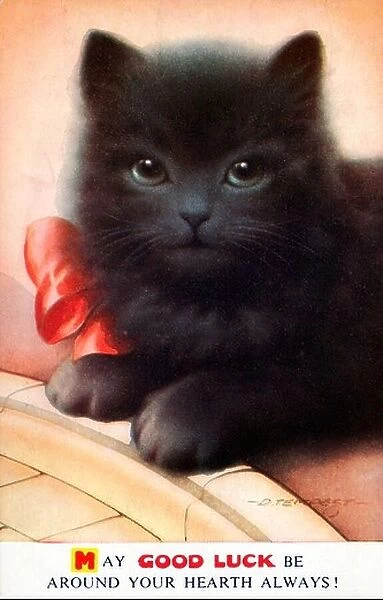 Good Luck Cat 1950s postcard with a lucky black cat to the fore and a pretty red silk bow to complete the ensemble
