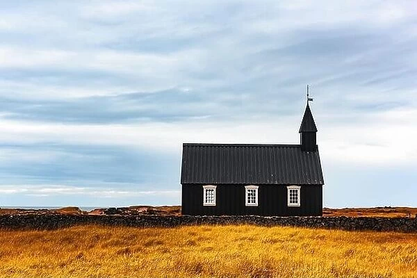 Gorgeous autumn landscape with famous picturesque black church of Budir at Snaefellsnes peninsula region in Iceland