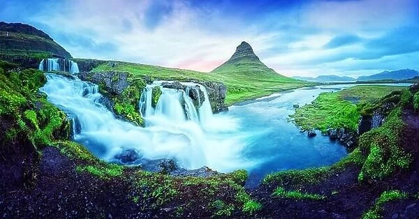 Gorgeous landscape with Kirkjufellsfoss waterfall and Kirkjufell mountain, Iceland, Europe