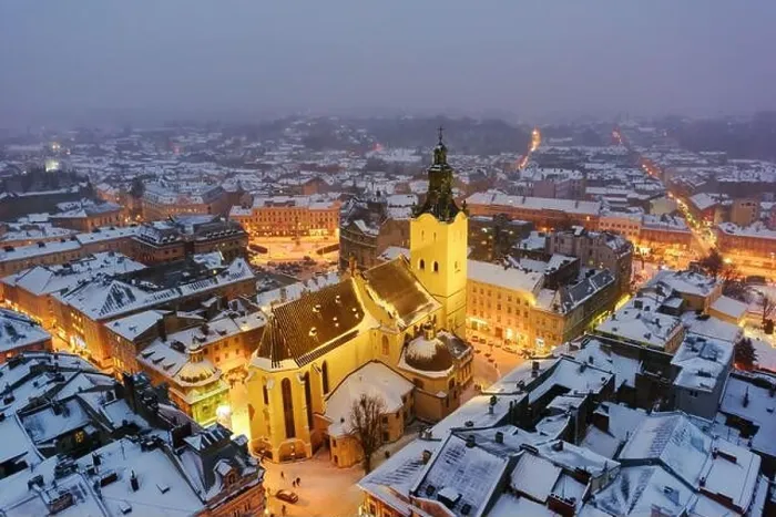 Framed Print : Gorgeus cityscape of winter Lviv city from top of town hall, Ukraine. Landscape photography Framed Print : Gorgeus cityscape of winter Lviv city from top of town hall, Ukraine. Landscape photography