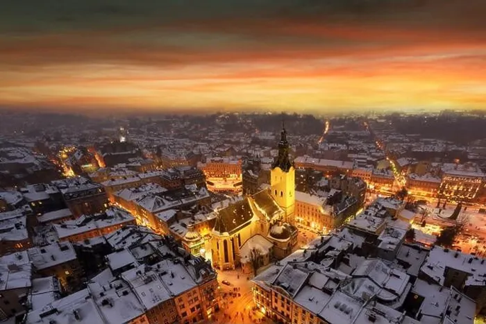 Framed Print : Gorgeus cityscape of winter Lviv city from top of town hall during sunset, Ukraine. Landscape photography Framed Print : Gorgeus cityscape of winter Lviv city from top of town hall during sunset, Ukraine. Landscape photography