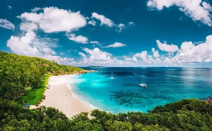 Framed Print : Grand Anse beach at La Digue island in Seychelles aerial panoramic view Framed Print : Grand Anse beach at La Digue island in Seychelles aerial panoramic view